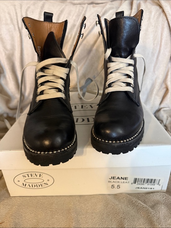 Steve Madden Shoes - Steve Madden Jeane Black Leather Combat Boots with Cream Laces